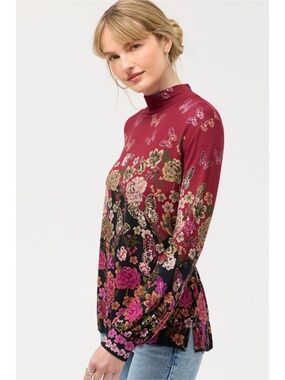 Johnny Was Janie Favorite Top Burgundy Butterfly Floral NWT R$229 Size Small